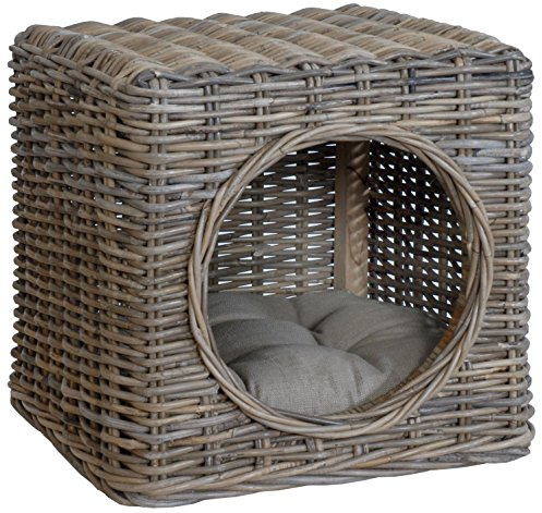 Korb-Outlet Katzenhöhle aus unbehandeltem Rattan inklusive Polster/Tierkorb auch als Sitzhocker nutzbar (Grau)
