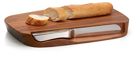 nambe Blend Bread Board with Knife | Made of Acacia Wood and Stainless Steel | Wooden Board with Serrated Knife for Cutting Fresh Bread | Designed by Neil Cohen