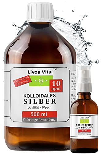 Kolloidales Silber, 10ppm, 500ml Silberwasser, 100% Natürlich, Konzentriert | Kleine Partikel, Höhere Wirksamkeit durch Spezielles Verfahren, Lange Herstellungserfahrung, Auffüllbare 50ml Sprühflasche