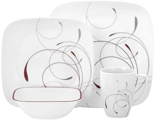 Corelle 16-Piece Vitrelle Glass Splendor Chip and Break Resistant Dinner Set, Service for 4, Red/Grey