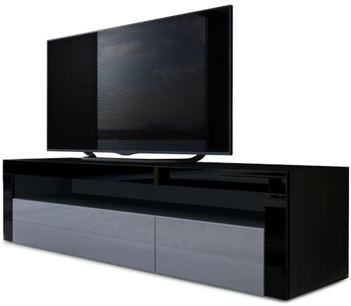 Vladon Buffet Bas Valencia, Meuble TV avec 1 Compartiment Ouvert et 2 clapets, Noir Mat/Gris Haute Brillance/Noir Haute Brillance (155 x 46 x 40 cm)