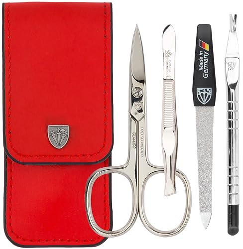DREI SCHWERTER - 4-tlg. Nagelpflegeset 'Modena' | Maniküre und Pediküre Set in Echtleder Etui MADE IN GERMANY. Farbe: Rot | Inhalt: Nagelschere, Pinzette, Saphirnagelfeile und Nagelhautentferner
