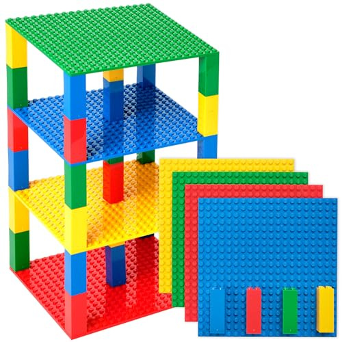 Strictly Briks Klassische stapelbare Grundplatten, Bauklötze für Türme, Regale und mehr, 100% kompatibel mit Allen großen Marken, Rot, Grün, Blau & Gelb, 4 Grundplatten & 30 Stapelteile, 16 x 16 cm