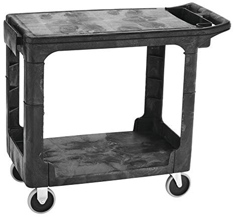 Rubbermaid Commercial Heavy Duty 2-Shelf Utility Cart, Flat Handle, Flat Shelves, Small, Black (FG450589BLA)