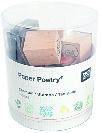 Rico Design Paper Poetry Stempelset Natur - Holzstempel mit Stempelkissen zum Basteln für Kinder - 15 Motive - Stempel aus Holz DIY, 8 x 8 x 9.5 cm