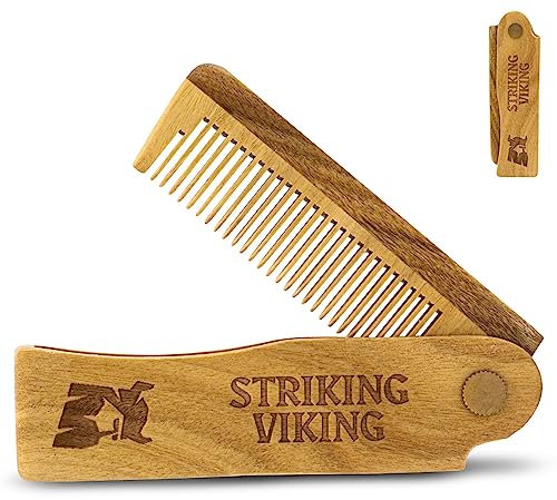 Striking Viking Sandelholz Bartkamm Männer - Klappbar, Holz, Größe L, Braun - Holzkamm Männer - Kompakt - Taschenkamm Bart für Reise - Entwirrt & Pflegt Bart - Ideal für Öl & Balsam