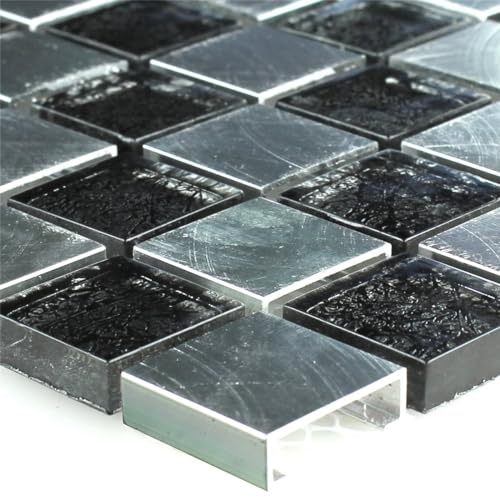 Glas Metall Aluminium Mosaikfliesen Bonanza Schachbrett Schwarz Silber