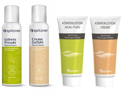 Spitzner Körperpflege Dual Set, 4-teilig: 2 x Duschschaum (150 ml) & 2x Körperlotion (200 ml) Acai Yuzu & Creme –