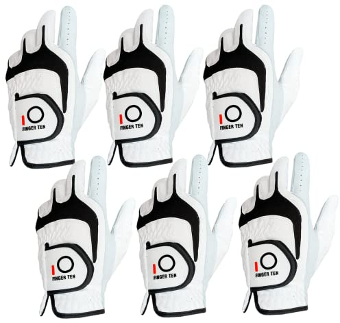FINGER TEN Premium Cabretta Leather Golf Gloves Men 6 Pack for Right Left Handed Golfer, Comfortable Glove with All Weather Grip for Left Right Hand Size S M ML L XL (White-6 Pack, M/Large, Left)