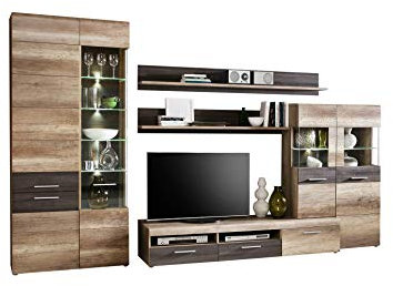 FORTE Nabou Wohnwand mit 6 Tüen und 2 Schubladen, Holzwerkstoff, Eiche Antik / Touchwood, 207 x 349 x 52 cm