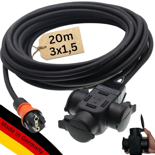 maxgo Verlängerungskabel 20m Außen 3Fach Verteiler Stromkabel Außenbereich Schuko Verlängerung 20 Meter Outdoor Kabel Steckdosenleiste 3-Fach Mehrfachstecker Multisteckdose H07RN-F 3x1,5