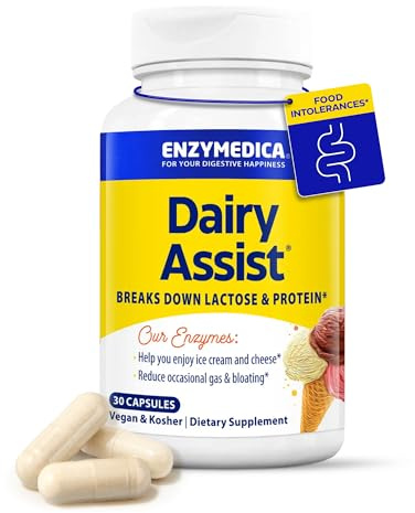 Enzymedica DairyAssist Digestive Enzymes for Men & Women - Lactose Intolerance Support Supplement with Lactase Enzyme, Breaks Down Milk & Dairy, Helps Reduce Gas & Bloating, Gluten Free - 30 Capsules
