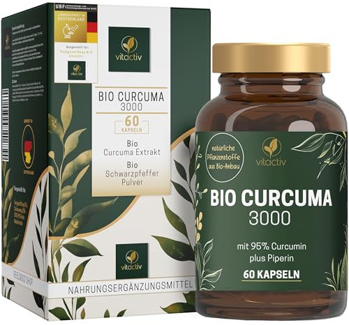 VITACTIV Bio Curcuma 3000 - Bio Kurkuma Kapseln Hochdosiert - Curcuma Extrakt mit 95% Curcumin - Piperin für Hohe Bioverfügbarkeit - Ohne Magnesiumstearat, Vegan - 60 Curcuma Kapseln (für 60 Tage)