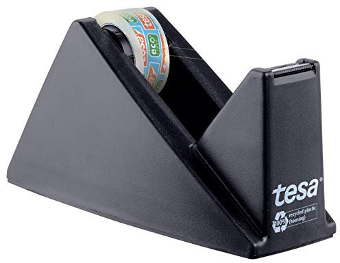 tesafilm® EasyCut ecoLogo® - Dispensador de Cinta Adhesiva - Dispensador para Escritorio con Base Antideslizante - Incluye Rollo tesafilm® Eco & Clear - 10 m x 15 mm - Color: Negro