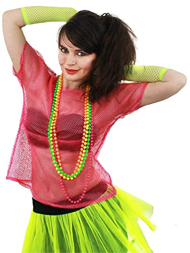 Haut en maille pour femme années 80 années 80 - T-shirt et filet de pêche - Rose - Taille 36-38