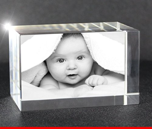 VIP-LASER 2D Gravur Glas Kristall Quader im Querformat L mit Deinem Babyfoto. Dein Wunschfoto für die Ewigkeit Mitten in Glas! Groesse L = 60x40x40mm