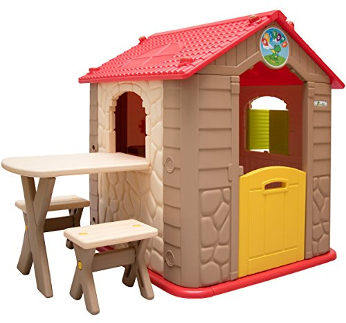 LittleTom Maison de Jeu de Jardin en Plastique Maisonnette pour Enfants - 1 Table 2 bancs Marron Beige