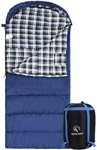REDCAMP Baumwoll-Flanell-Schlafsack für Erwachsene, XL, 32/41/50F, bequem, Umschlag mit Kompressionssack, blau, 1,4 kg