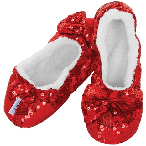 Snoozies Ladies Ballerina Bling Slippers UK 5-6 Large Ruby Red – Cozy Fleece Lined Sequin House Shoes