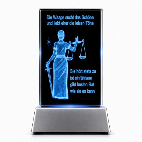 Kaltner Präsente Stimmungslicht - Das perfekte Sternzeichen Geschenk Waage: LED Kerze/Kristall Glasblock / 3D-Laser-Gravur, Horoskop Sternzeichen Waage, Astrologie, Nachtlicht