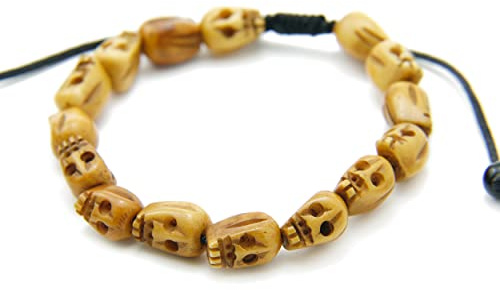 Agathe Creation, bracciale tibetano portafortuna, teschi in osso di yak, fatto a mano, dimensione regolabile, colore: beige, cod. OS003