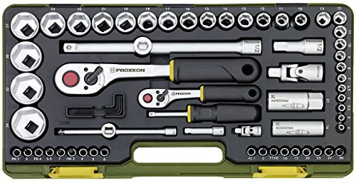 Proxxon 23286 Steckschlüsselsatz Komplettsatz mit 6,3mm (1/4) und 12,5mm (1/2) Umschaltratsche 65teiliges Werkzeug-Set mit Kunststoffkoffer