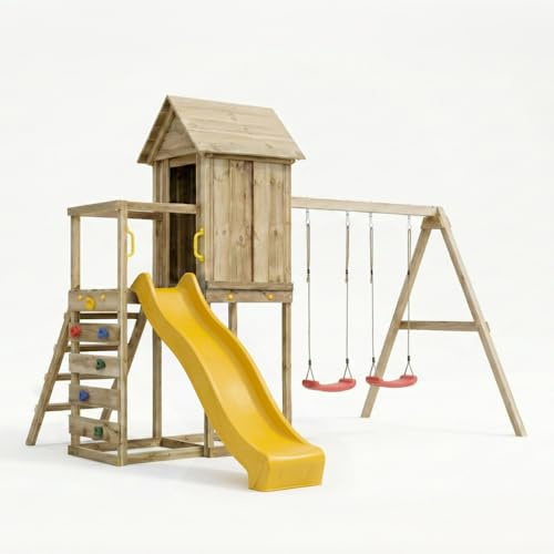 Maxplay 5 - Casita elevada de madera para niños con tobogán de 2,2 m, doble columpio y pared escalada – Parque de juegos de jardín con torre y arena, 368 x 370 x 262 cm, madera impregnada en Autoclave
