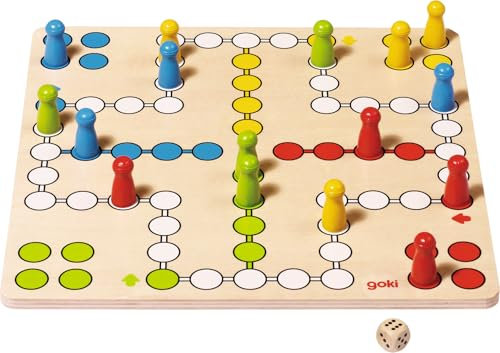 goki Ludo – Klassisches Holzbrettspiel für 2-4 Spieler mit 16 farbigen Pionen und robustem 28x28 cm Spielbrett aus hochwertigem Holz, ideal für Kinder ab 4 Jahren!