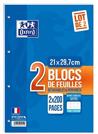 Oxford 2 Blöcke mit abnehmbaren und gelochten Blättern, 2 x 200 Seiten, 90 g, große Karos