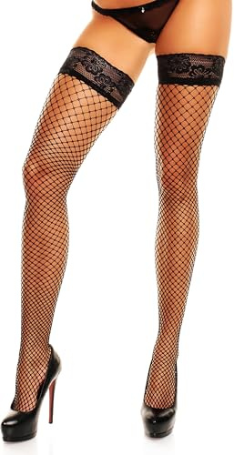 GLAMORY Damen Fischnetz Halterlose Netzstrümpfe Mesh, Schwarz (Schwarz), Large (Herstellergröße: L-(44-46))