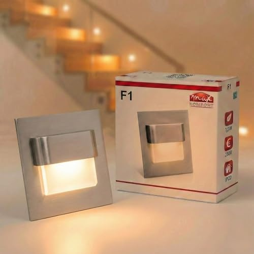 Maxkomfort LED Treppenbeleuchtung 1,5 Watt und 40 Lumen Wandeinbaustrahler Stufenbeleuchtung Warmweiß Nachtbeleuchtung Nachtlicht Flurleuchte Lampe Wandleuchte F1 Eckig Eisen Gebürstet