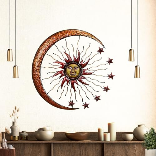 Bellaa Metall-Wandkunst, Sonne, Mond, Sterne, für den Innenbereich, Halbmond, himmlisch, für den Außenbereich, zum Aufhängen, Garten, Heimdekoration, groß, 61 cm