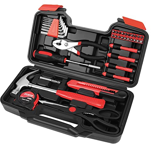 Flexzion 39 Piece Hand Tool Kits with Case - Compact Tool Kit for Handyman, Homeowners DIY - Household Tool Kit for Home with Portable Basic Tool Set Case, Red