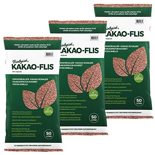 Floragard Kakaoschalen Mulch 3x50 L - zum Mulchen von Pflanzflächen, Gehölz- und Staudenbeeten - natürliche Inhaltsstoffe - unterdrückt Unkrautwuchs