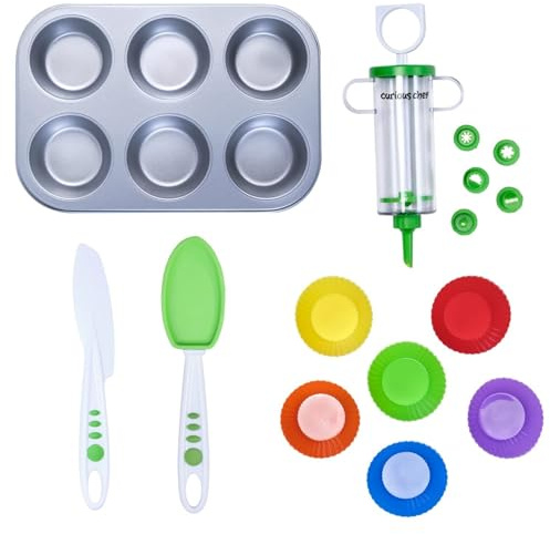 Curious Chef Kids Cookware - 16-Piece Cupcake & Decorating Kit I Real Utensils, Dishwasher Safe, BPA-Free I Non-stick Tin, Liners, Silicone Mixing Spoon, Frosting Spreader, Decorator Tube and More!