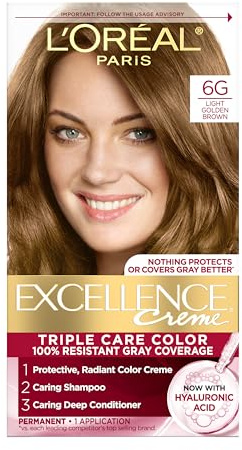 L'Oreal Paris Excellence Crème Permanent Hair Dye, Triple Care Hair Color with Hyaluronic Acid for 100% Gray Coverage, 6G Light Golden Brown, 1 Kit (Packaging May Vary)