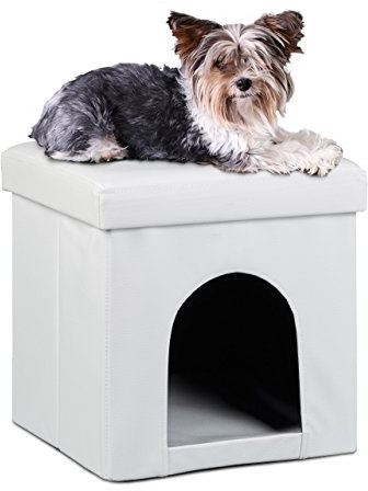 Relaxdays 10019046 Maison pour petits chiens et chats pliable pliante banc en similicuir confortable Tabouret abri panier malle cube niche HxlxP : 38 x 38 x 38 cm repose-pieds couvercle amovible, blanc