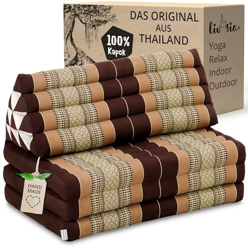 livasia Thaikissen 3 Auflagen für Paare XXL - 190x80x8cm - Dreieckskissen Klappmatratze, extrabreit Kapok, Rückenkissen faltbar, Thaimatte zum Klappen, Meditationskissen (Braun)