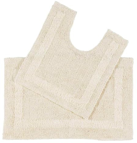 HOMESCAPES Tapis de Bain et Contour WC en Coton, 1600 g/m², Extra Doux, 100% Coton, réversible, antidérapant, Lavable, Super Absorbant, Crème, Ensemble Tapis Salle de Bain et WC – Lot de 2