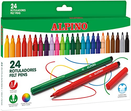 Alpino 24 Rotuladores de Colores Brillantes | Rotulador de Punta Resistente de 3mm para Colorear | Tinta Súper Lavable y de Larga Duración | Estuche de Rotuladores | Material Escolar