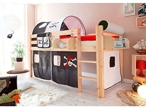 TiCAA Hochbett mit Leiter, 90 x 200 cm Hochbett, Kinderbett Spielbett mit Treppe aus Kiefer Massivholz Bettgestell 90 x 200