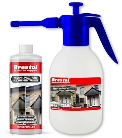 BRESTOL® Algenentferner Pilzentferner Flechtenentferner 1000 ml Konzentrat + 1,8 Liter Drucksprüher säurebeständig - Grünbelagsentferner Grünbelagentferner