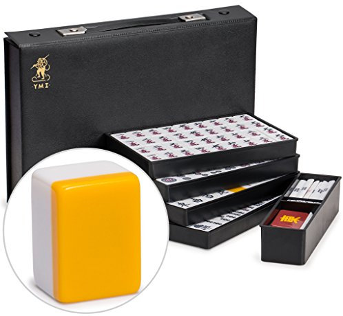 Yellow Mountain Imports Japanisches Riichi Mahjong Set - Weiße und Gelbe Standardgröße Ziegel und Schwarzer Vinyl-Koffer - mit Ostwind-Ziegel, Set mit Wettstäben & Würfeln