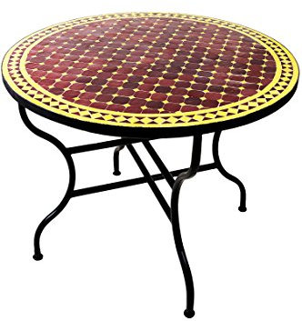 ORIGINAL Marokkanischer Mosaiktisch Gartentisch ø 100cm Groß rund klappbar | Runder klappbarer Mosaik Esstisch Mediterran | als Klapptisch für Balkon oder Garten | Marrakesch Bordeaux Gelb 100cm