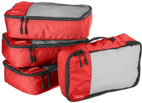 Amazon Basics Kleine Kleidertaschen, Reißverschluss, 4 Stück, Rot