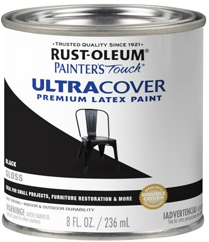 Rust-Oleum 1979730 Pintura de látex Painter's Touch, media pinta, negro brillante, 8 onzas líquidas (paquete de 1), 8 ml (Pack of 1)