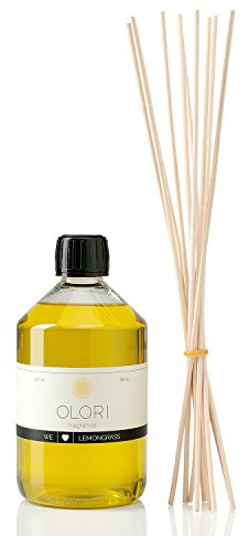Rumsdoft påfyllningsset Citrongräs 500 ml inkl. 10 rottingpinnar – doftolja med eteriska oljor – påfyllning luftrenare färsk, fruktig och spritsig – påfyllningsflaska 100 % naturlig och ren