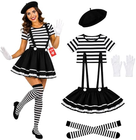 Fun Shack Fransk Mimdräkt för Damer, Svart Volangtutu Randig Tröja Hängslen Basker & Vita Handskar, Halloween Karneval, S