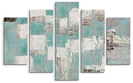 Paul Sinus Art 5 teiliges Wandbild auf Leinwand (Gesamt: H: 100cm B: 160cm) Keilrahmenbild Canvas Fotodruck Leinwandbild Leinwanddruck Kunstdruck Wandbild türkis blau beige grau