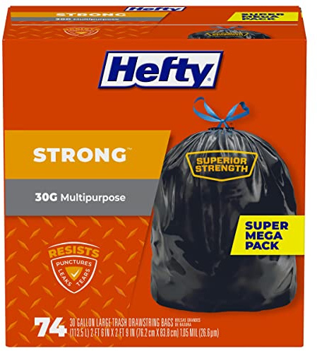 Hefty Strong Large Trash Bags, Black, 30 Gallon, 74 Count